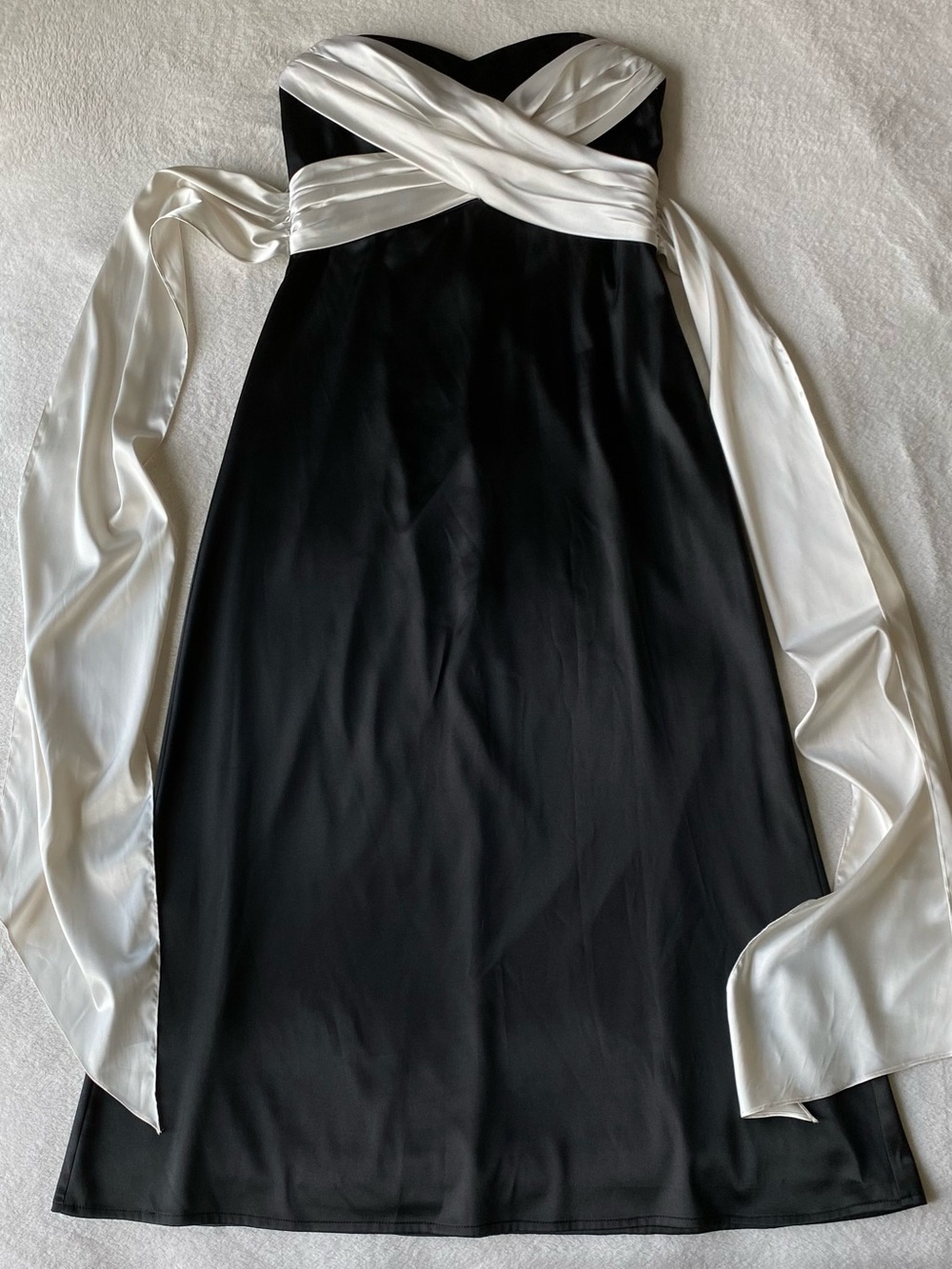 Onyx Nite Black Strapless Evening Gown White Satin Wrap Bodice Long Formal Dress
